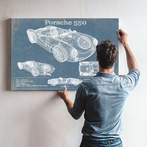 Porsche 550 Blueprint Art Print framed in Vintage Black above a mid-century record console