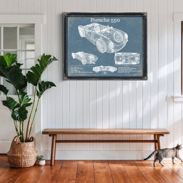 Porsche 550 Blueprint Art Print framed in Vintage Black above a rustic console table