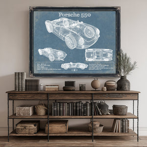 Porsche 550 Blueprint Art Print canvas print size guide 24x18 36x24 48x36 inches