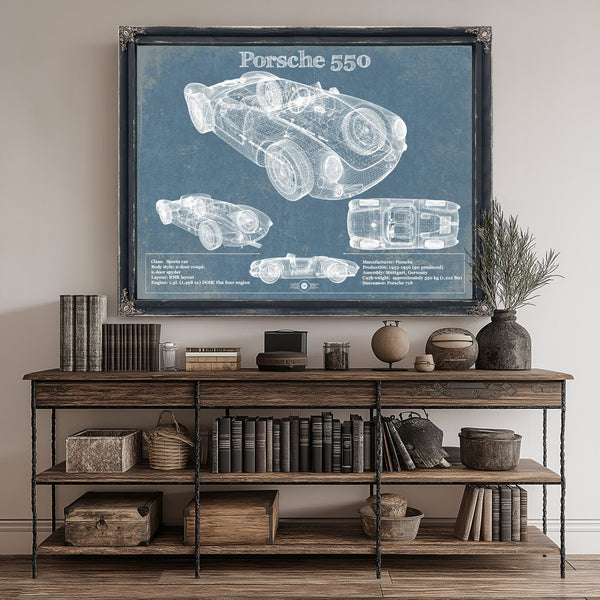 Porsche 550 Blueprint Art Print canvas print size guide 24x18 36x24 48x36 inches