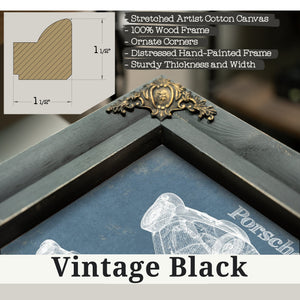 Vintage Black frame corner detail, 1.5 inch ornate wood moulding, Porsche 550 Blueprint Art Print