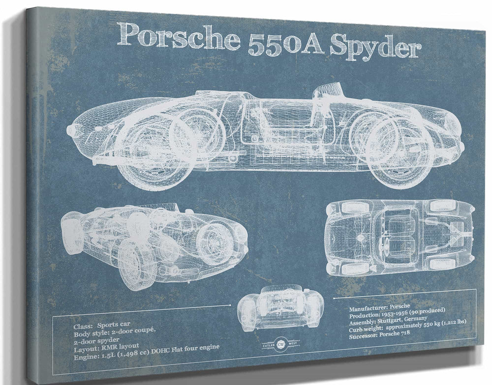 14" x 11" / Stretched Canvas Wrap Cutler West Porsche 550A Spyder Blueprint Vintage Auto Print