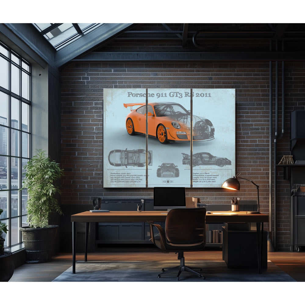2011 Porsche 911 GT3 RS Blueprint Art Print in a distressed Vintage Black wood frame with ornate corners