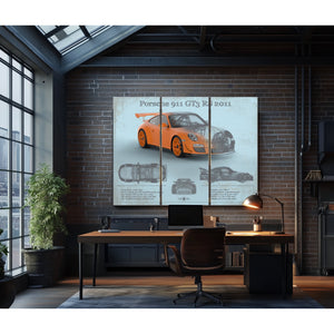 2011 Porsche 911 GT3 RS Blueprint Art Print as a 3 panel canvas wrap in an industrial loft office