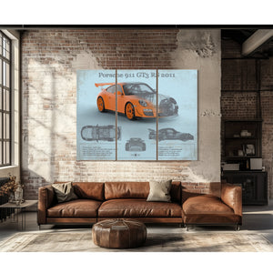 2011 Porsche 911 GT3 RS Blueprint Art Print as a 3 panel canvas wrap above a leather sofa