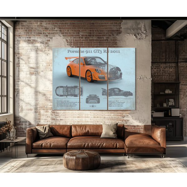 2011 Porsche 911 GT3 RS Blueprint Art Print as a 3 panel canvas wrap above a leather sofa