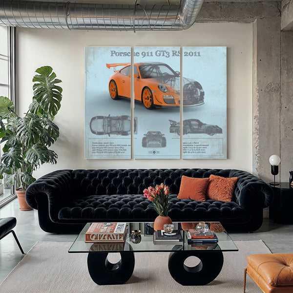 2011 Porsche 911 GT3 RS Blueprint Art Print as a 3 panel canvas wrap in a modern living room