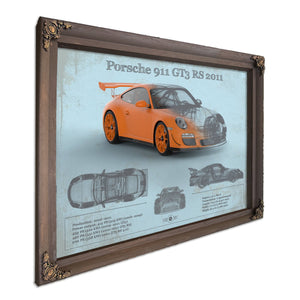 2011 Porsche 911 GT3 RS Blueprint Art Print in a Bourbon stained wood frame with antique gold corners