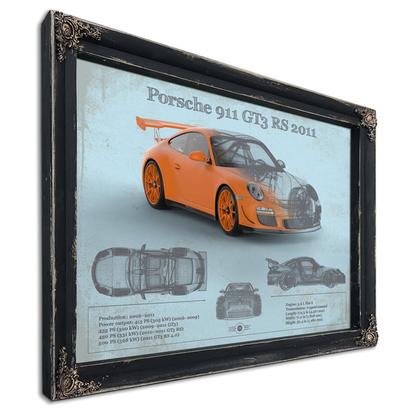 2011 Porsche 911 GT3 RS Blueprint Art Print in a distressed Vintage Black wood frame with ornate corners