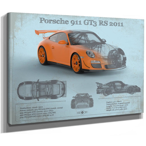 2011 Porsche 911 GT3 RS Blueprint Art Print as a stretched canvas wrap with gallery wrapped edges