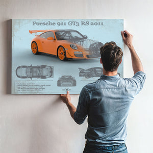 2011 Porsche 911 GT3 RS Blueprint Art Print framed in Vintage Black above a mid-century record console