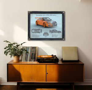 2011 Porsche 911 GT3 RS Blueprint Art Print framed in Vintage Black in a loft bedroom