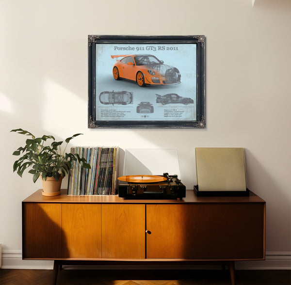 2011 Porsche 911 GT3 RS Blueprint Art Print framed in Vintage Black in a loft bedroom