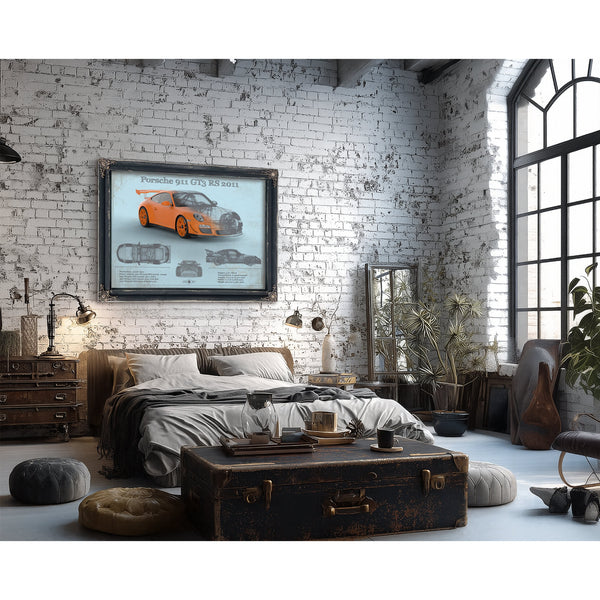 2011 Porsche 911 GT3 RS Blueprint Art Print framed in Vintage Black in a farmhouse entryway