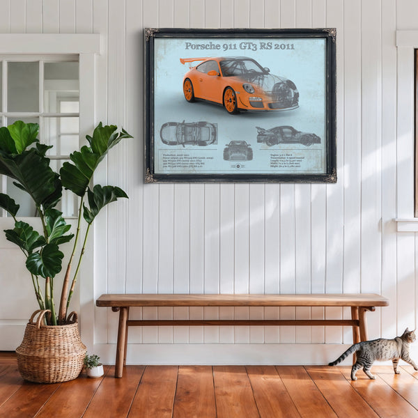 2011 Porsche 911 GT3 RS Blueprint Art Print framed in Vintage Black above a rustic console table