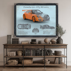 2011 Porsche 911 GT3 RS Blueprint Art Print canvas print size guide 24x18 36x24 48x36 inches