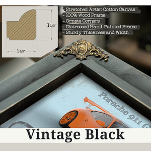 Vintage Black frame corner detail, 1.5 inch ornate wood moulding, 2011 Porsche 911 GT3 RS Blueprint Art Print