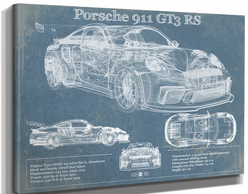 14" x 11" / Stretched Canvas Wrap Cutler West Porsche 911 GT3 RS Vintage Blueprint Auto Print