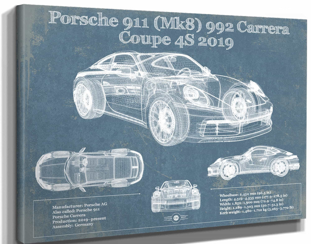 14" x 11" / Stretched Canvas Wrap Cutler West Porsche 911 Mk8 992 Carrera Coupe 4s 2019 Vintage Blueprint Auto Print