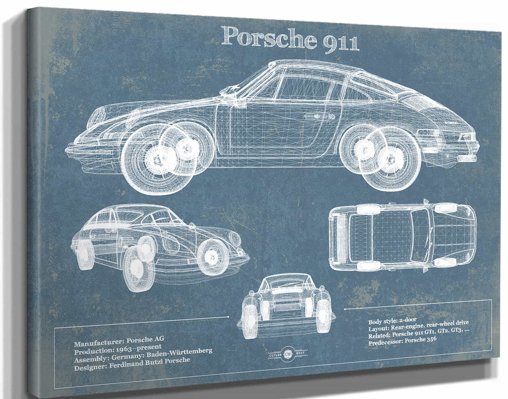 14" x 11" / Stretched Canvas Wrap Cutler West Porsche 911 Vintage Blueprint Auto Print