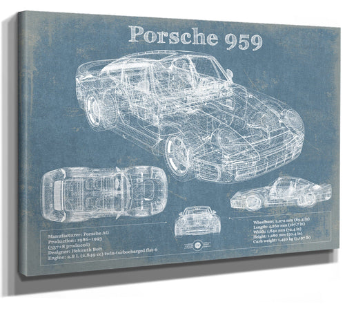 14" x 11" / Stretched Canvas Wrap Cutler West Porsche 959 Vintage Blueprint Auto Print