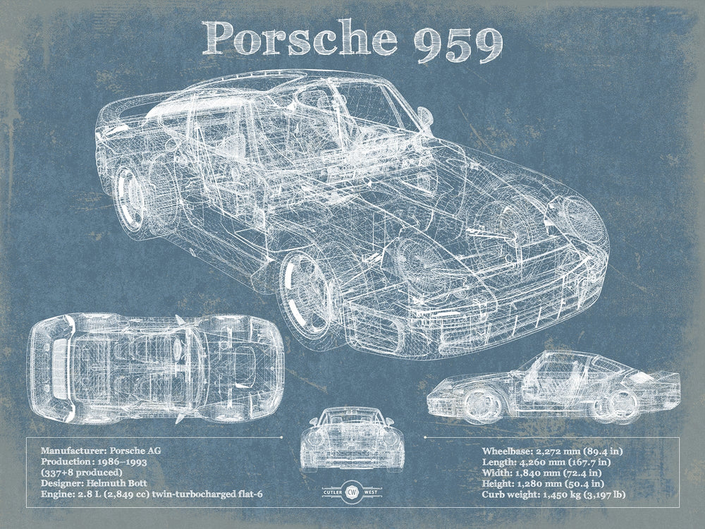 14" x 11" / Stretched Canvas Wrap Cutler West Porsche 959 Vintage Blueprint Auto Print