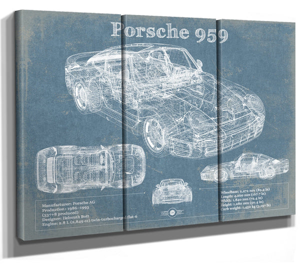 36" x 24" / 3 Panel Canvas Wrap Cutler West Porsche 959 Vintage Blueprint Auto Print