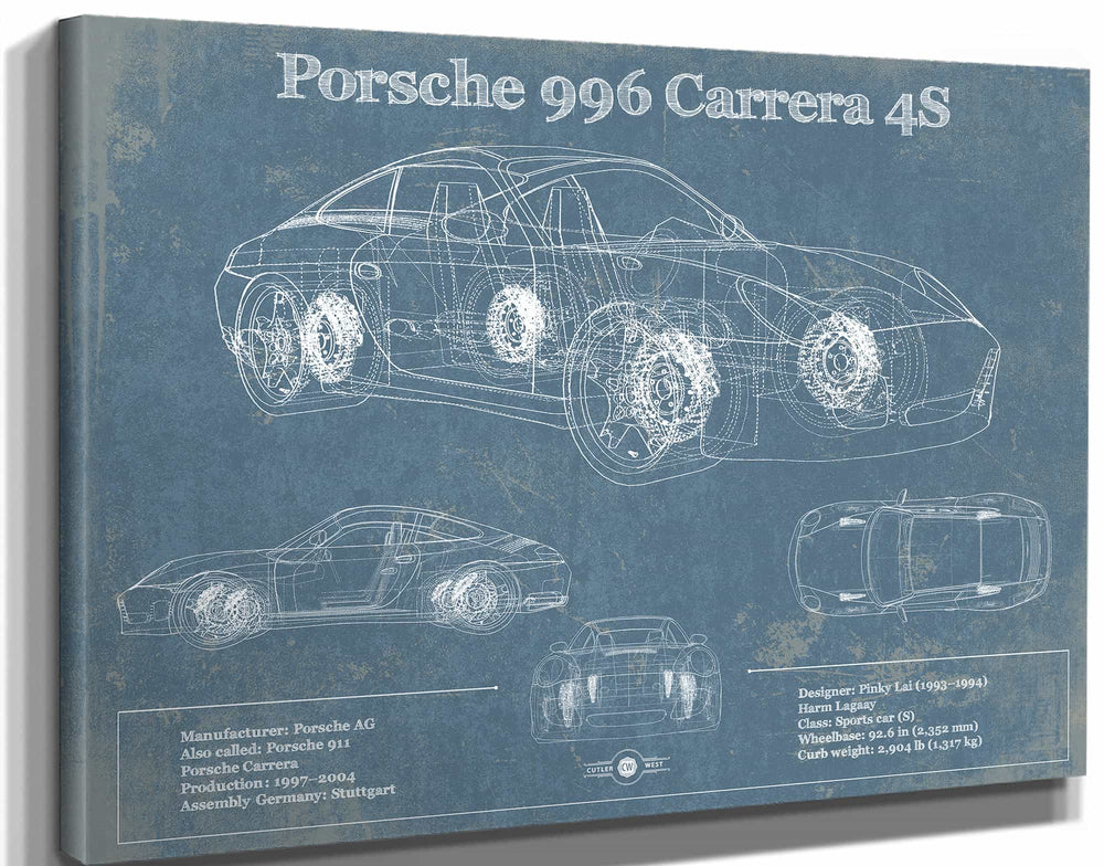 14" x 11" / Stretched Canvas Wrap Cutler West Porsche 996 Carrera 4S Vintage Blueprint Auto Print