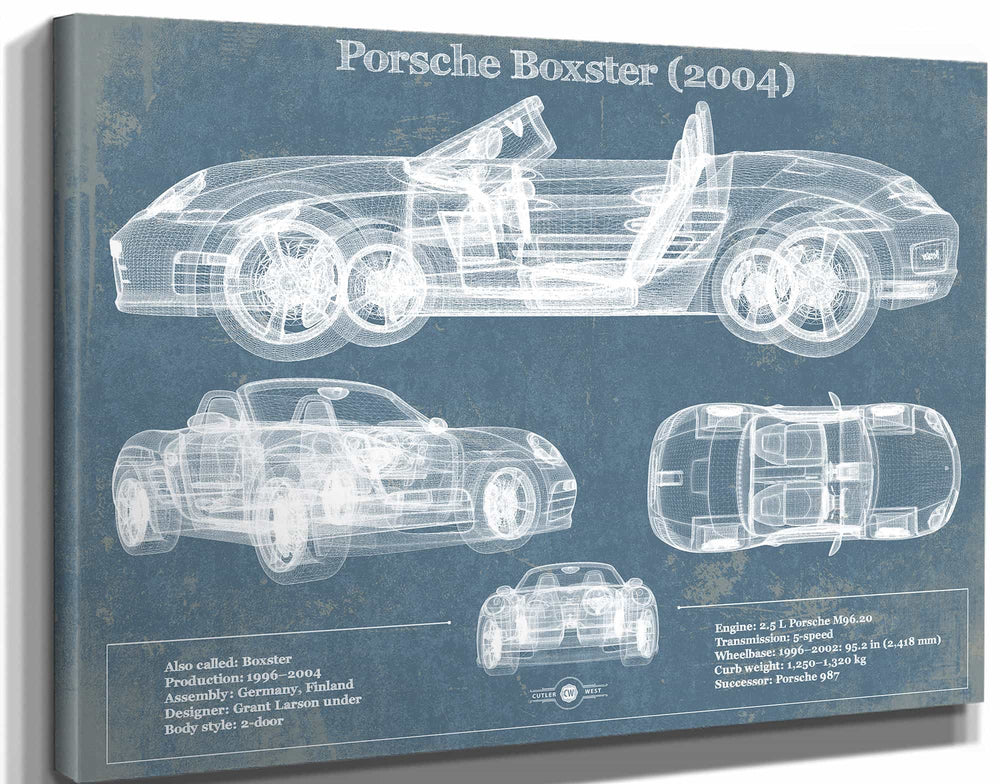 14" x 11" / Stretched Canvas Wrap Cutler West Porsche Boxster (2004) Blueprint Vintage Auto Print