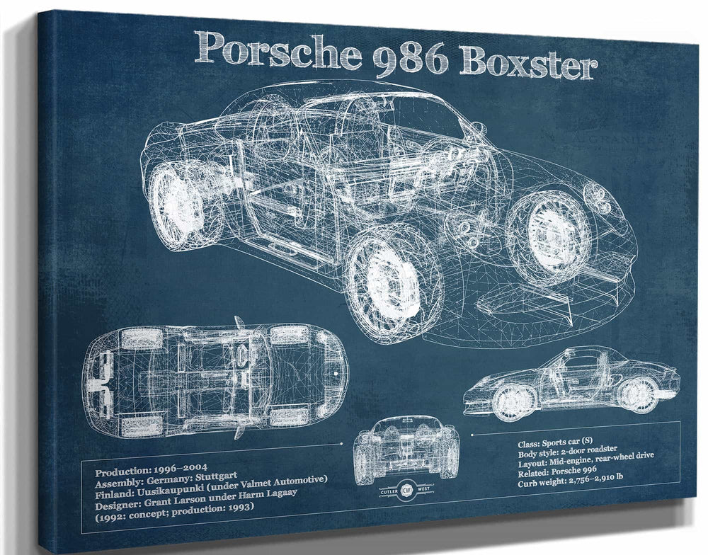 14" x 11" / Stretched Canvas Wrap Cutler West Porsche Boxster (Type 986) Blueprint Vintage Auto Print