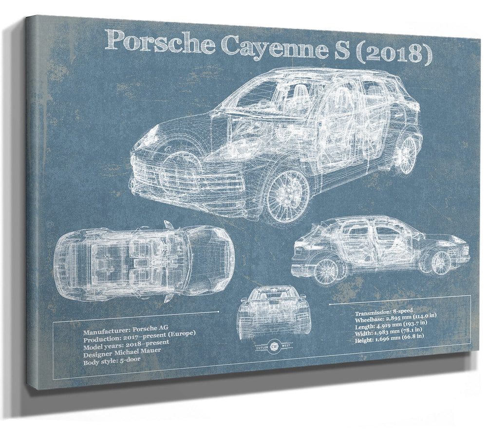 14" x 11" / Stretched Canvas Wrap Cutler West Porsche Cayenne S 2018 Vintage Blueprint Auto Print