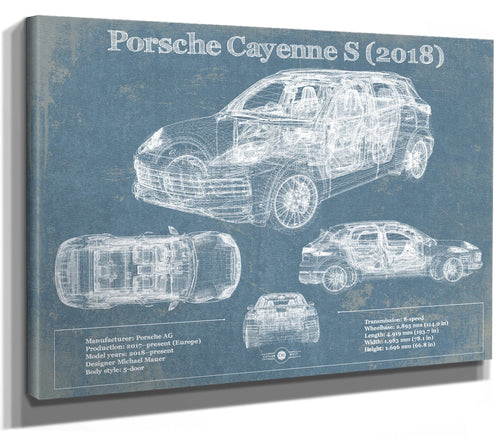 14" x 11" / Stretched Canvas Wrap Cutler West Porsche Cayenne S 2018 Vintage Blueprint Auto Print