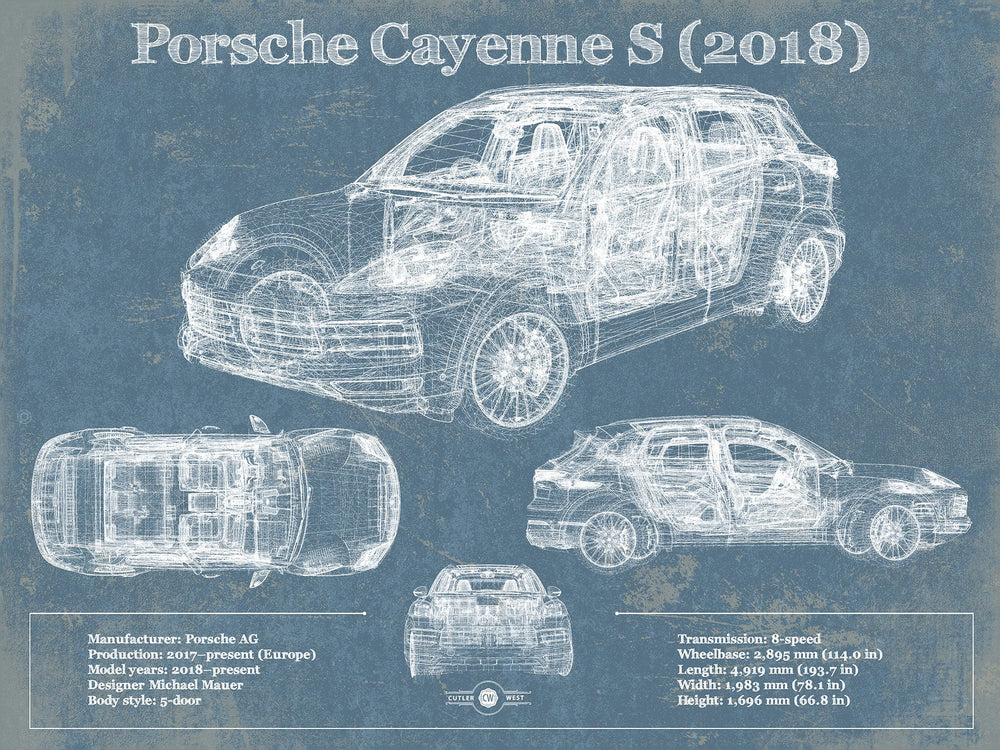 14" x 11" / Stretched Canvas Wrap Cutler West Porsche Cayenne S 2018 Vintage Blueprint Auto Print