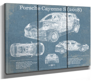 36" x 24" / 3 Panel Canvas Wrap Cutler West Porsche Cayenne S 2018 Vintage Blueprint Auto Print
