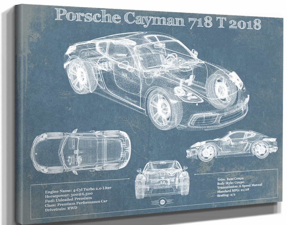14" x 11" / Stretched Canvas Wrap Cutler West Porsche Cayman 718 T 2018 Vintage Blueprint Auto Print