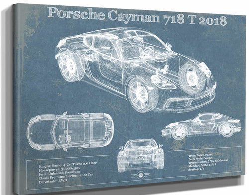 14" x 11" / Stretched Canvas Wrap Cutler West Porsche Cayman 718 T 2018 Vintage Blueprint Auto Print