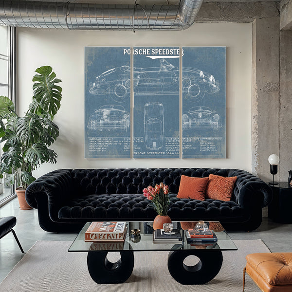 Porsche Speedster 356A 1600 Blueprint Art Print as a 3 panel canvas wrap in a modern living room