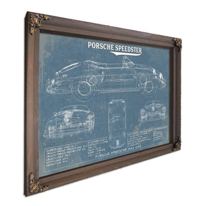 Porsche Speedster 356A 1600 Blueprint Art Print in a Bourbon stained wood frame with antique gold corners