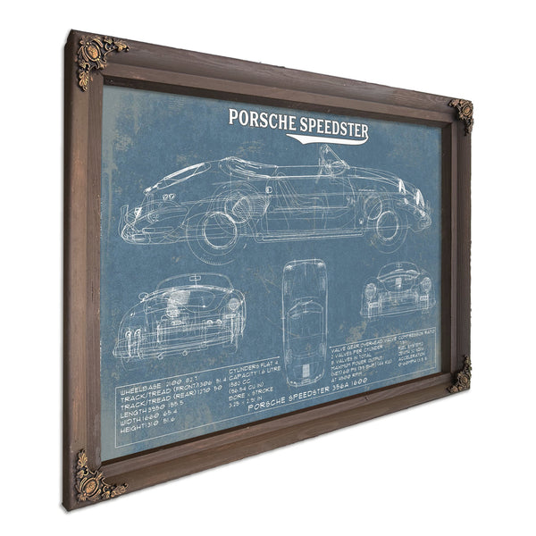 Porsche Speedster 356A 1600 Blueprint Art Print in a Bourbon stained wood frame with antique gold corners