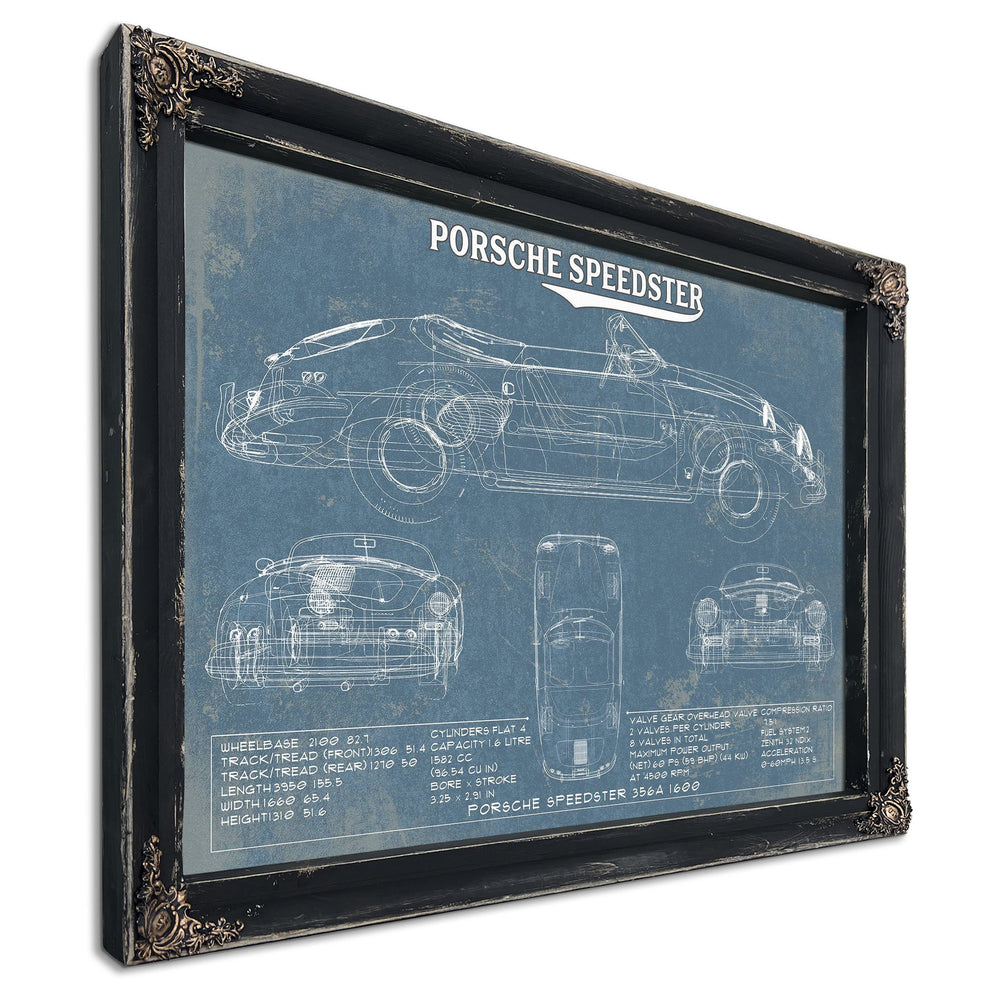 Porsche Speedster 356A 1600 Blueprint Art Print in a distressed Vintage Black wood frame with ornate corners