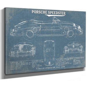 Porsche Speedster 356A 1600 Blueprint Art Print as a stretched canvas wrap with gallery wrapped edges