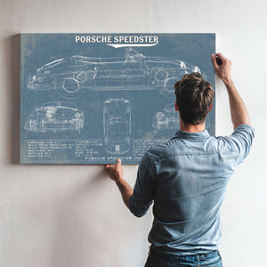 Porsche Speedster 356A 1600 Blueprint Art Print framed in Vintage Black above a mid-century record console