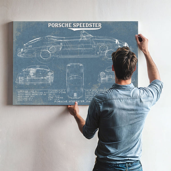 Porsche Speedster 356A 1600 Blueprint Art Print framed in Vintage Black above a mid-century record console