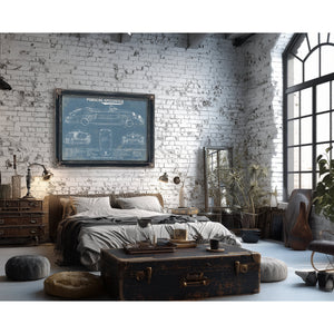 Porsche Speedster 356A 1600 Blueprint Art Print framed in Vintage Black in a farmhouse entryway