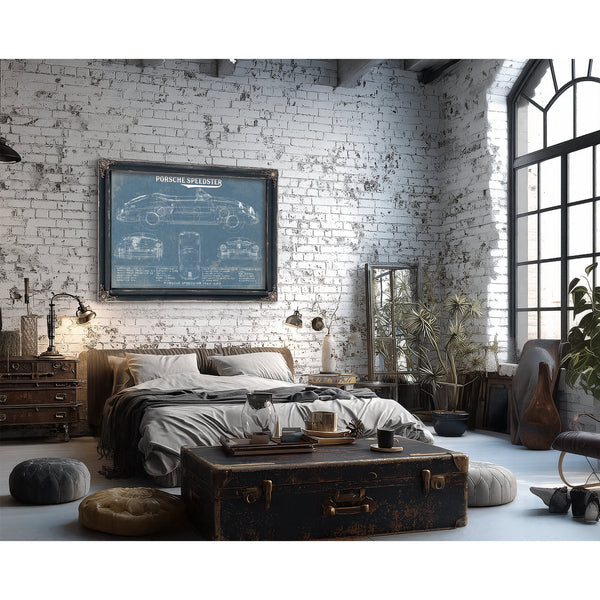 Porsche Speedster 356A 1600 Blueprint Art Print framed in Vintage Black in a farmhouse entryway