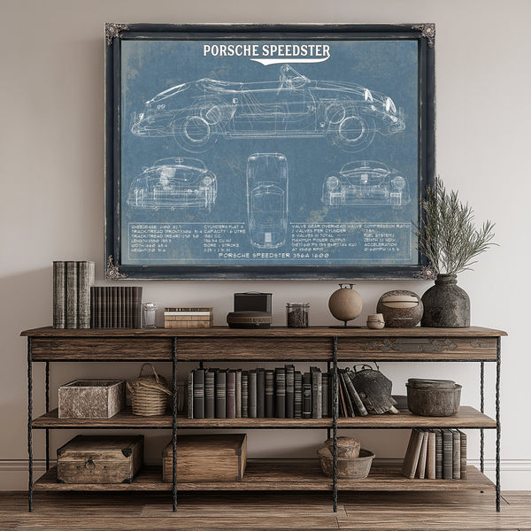 Porsche Speedster 356A 1600 Blueprint Art Print canvas print size guide 24x18 36x24 48x36 inches