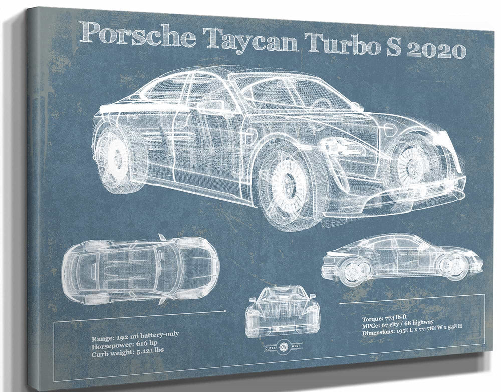 14" x 11" / Stretched Canvas Wrap Cutler West Porsche Taycan Turbo S 2020 Vintage Blueprint Auto Print