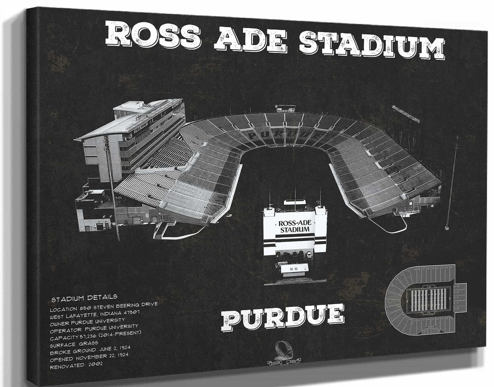 14" x 11" / Stretched Canvas Wrap Cutler West Purdue Boilermakers - Ross-Ade Vintage Football Stadium Black Art Print