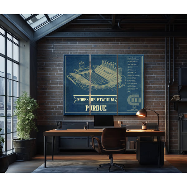 Purdue Boilermakers - Ross-Ade Football Stadium Print as a 3 panel canvas wrap in an industrial loft office