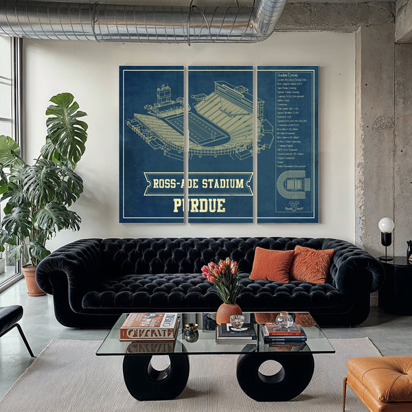 Purdue Boilermakers - Ross-Ade Football Stadium Print as a 3 panel canvas wrap in a modern living room